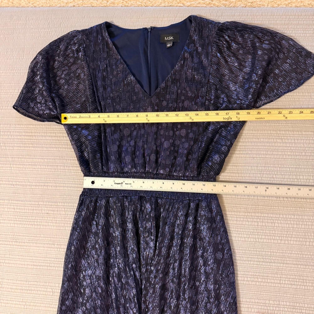 MSK Womens Navy Blue Metallic Pleated Maxi Dress V-Neck Smocked Waist Size L - Picture 4 of 8